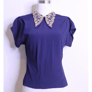 Navy Blue Gold Embroidered Collar Blouse - Small